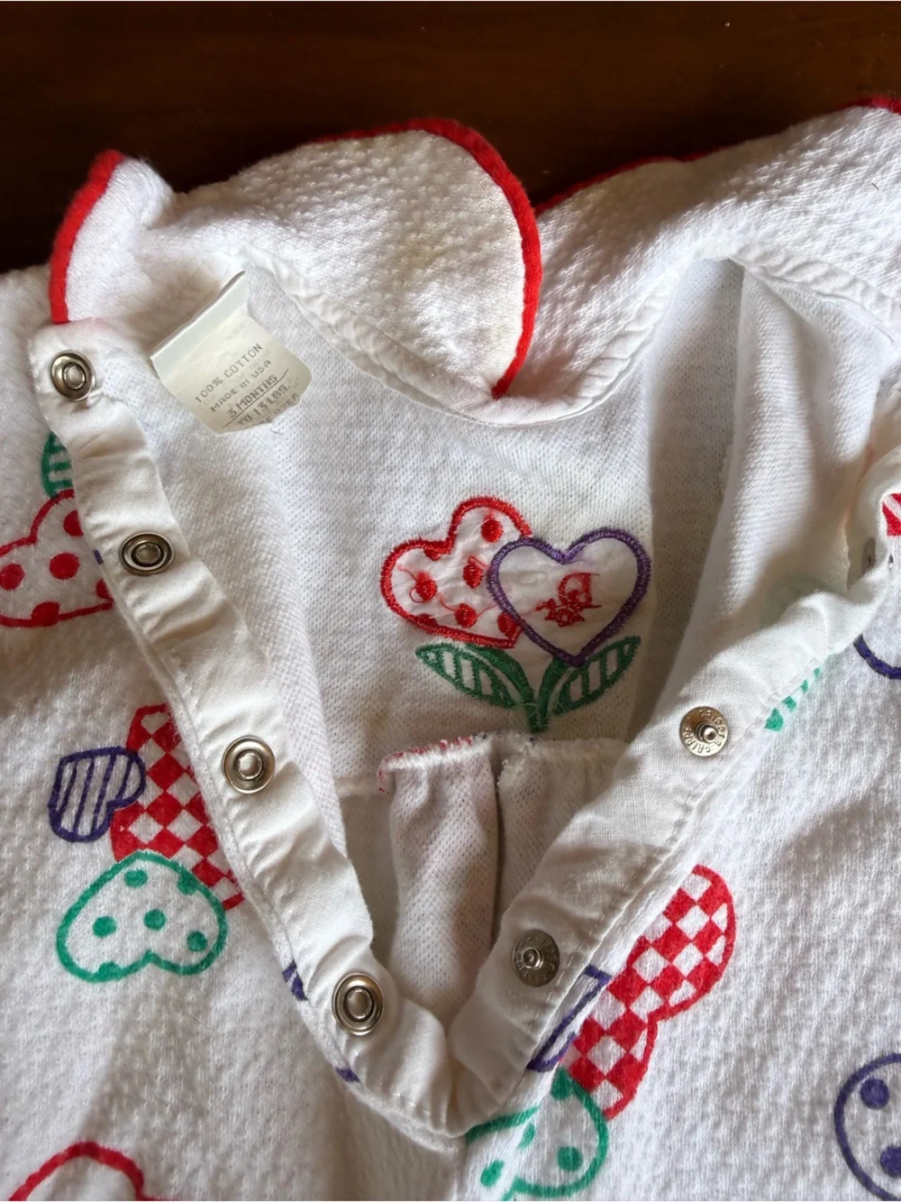 BABY DIOR Vintage 100 Percent Cotton White Baby Bodysuit with Hearts Red Trim
